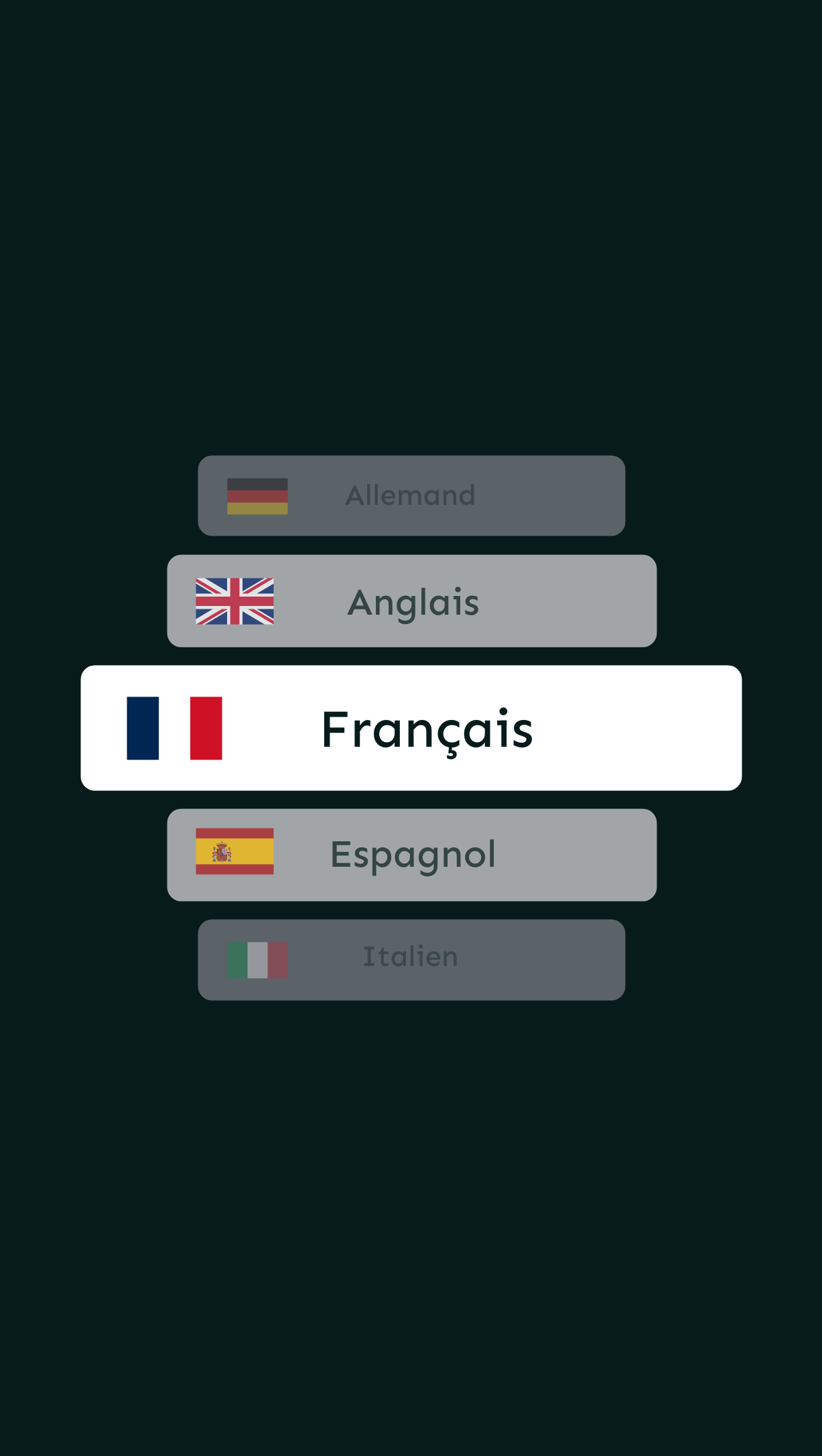 Interface multilingue Omany : français, anglais, espagnol, allemand, italien