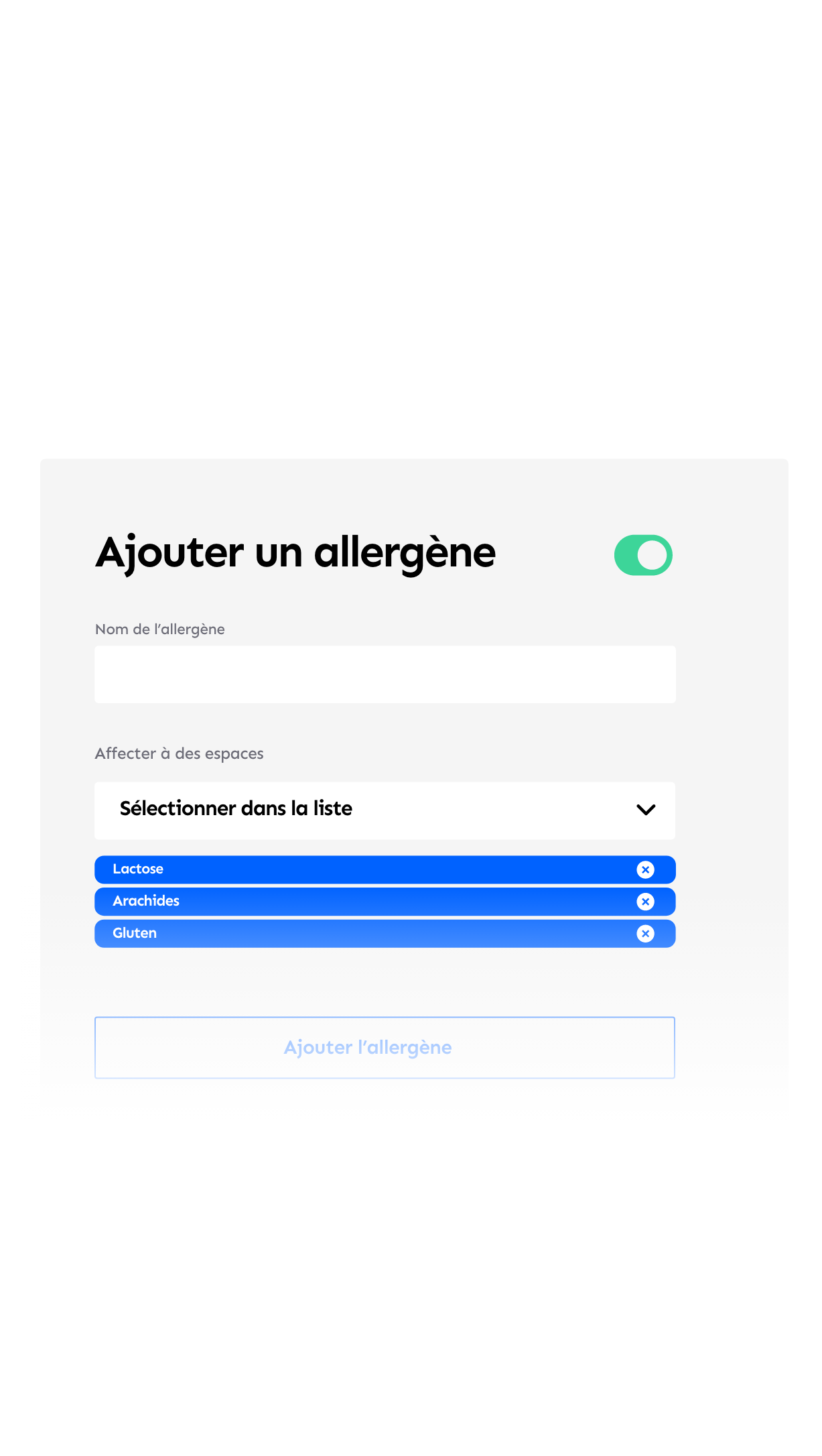 Suivi des allergènes dans Omany : ajout d'allergènes par plat et par espace