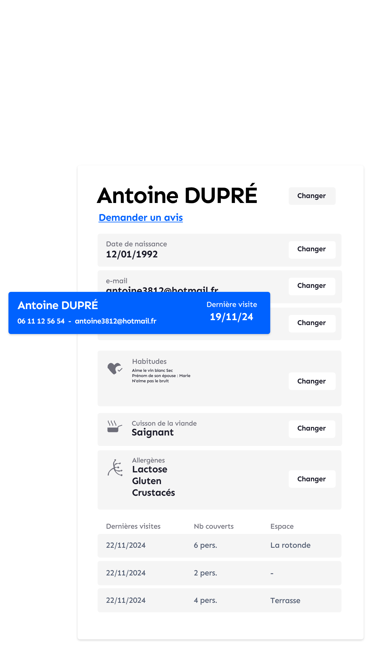 Base de données client Omany : coordonnées, habitudes, allergènes, historique de visites