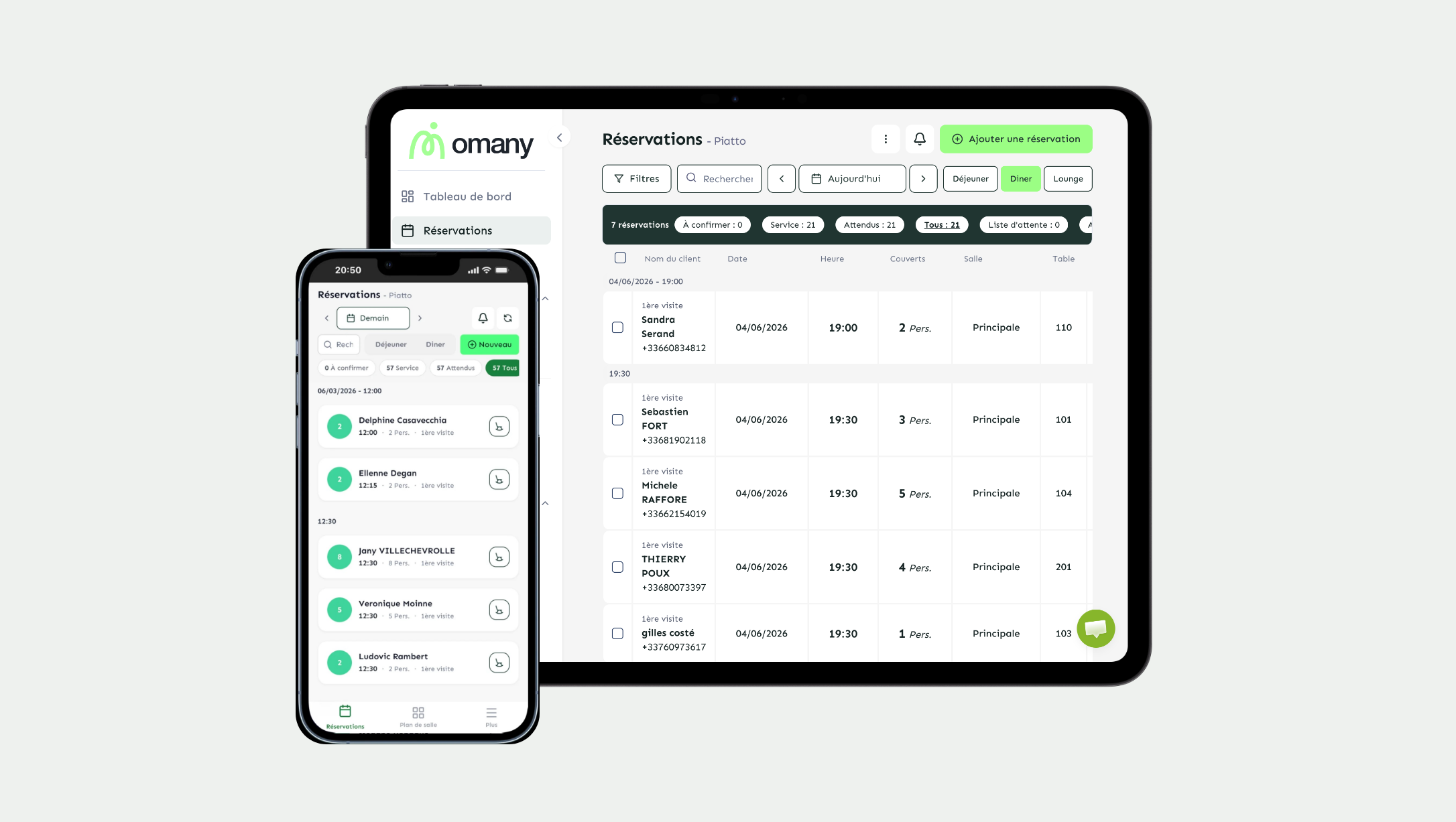 Interface du logiciel de réservation Omany sur ordinateur et tablette